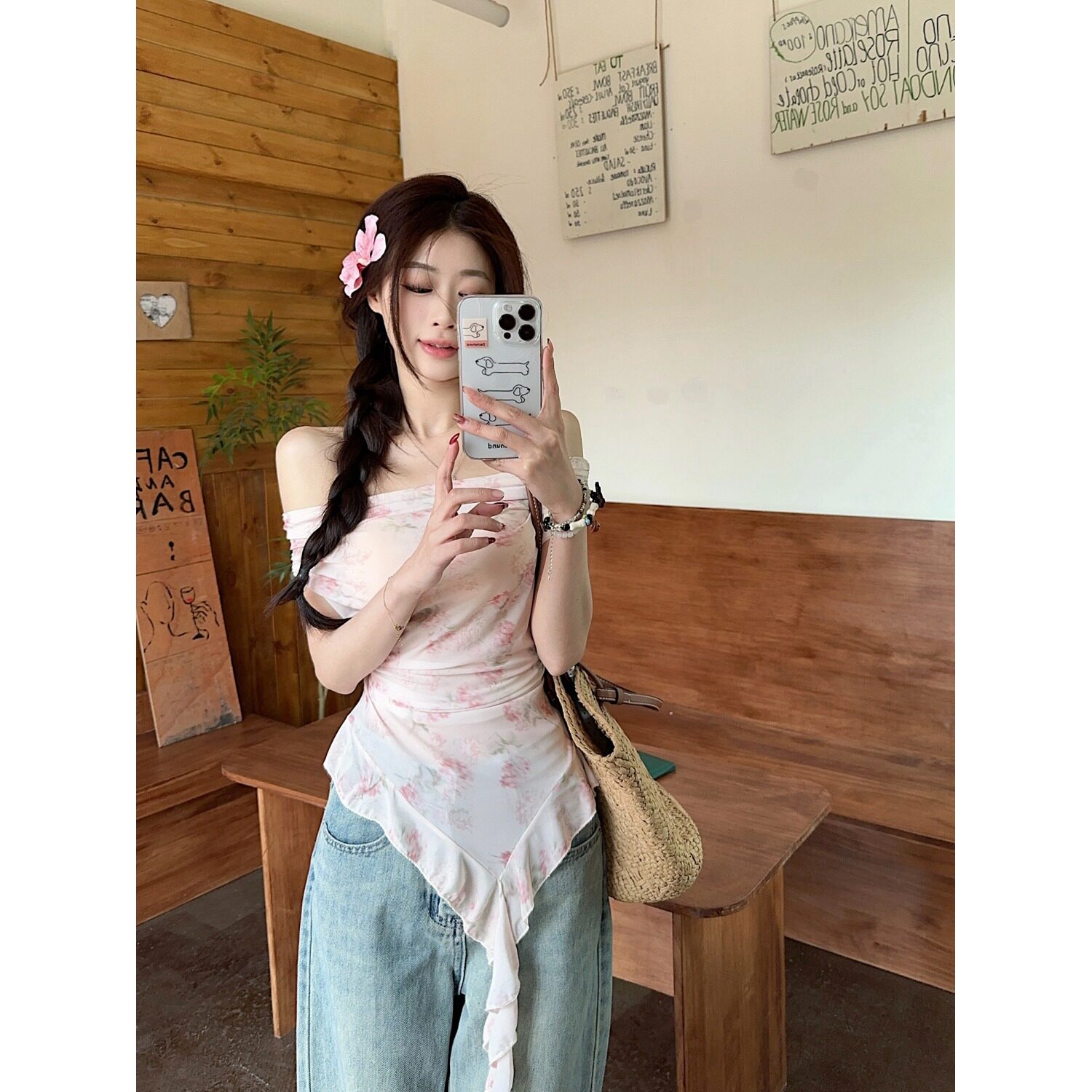 夏季一字肩碎花辣妹风吊带上衣