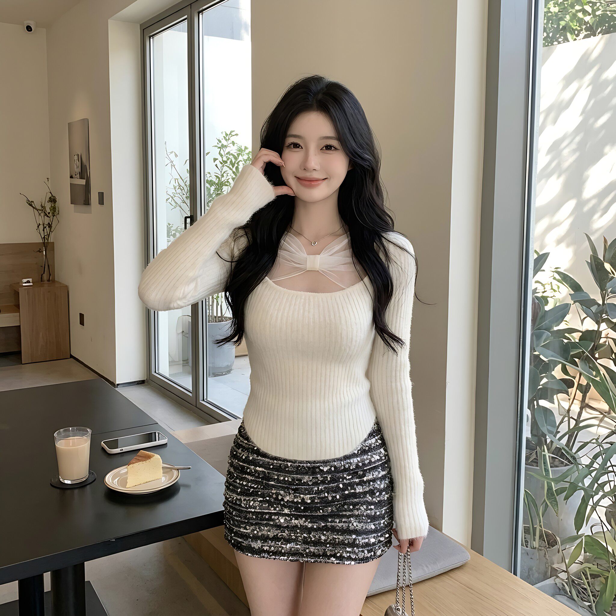 法式纯欲白色网纱蝴蝶结针织衫