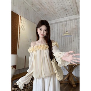 女秋季 衬衫 宽松显瘦减龄露肩上衣 温柔风复古卷边斜肩长袖 2025新款