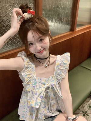 2024夏新款甜美系带蝴蝶结背心女外穿法式碎花小衫减龄荷叶袖上衣