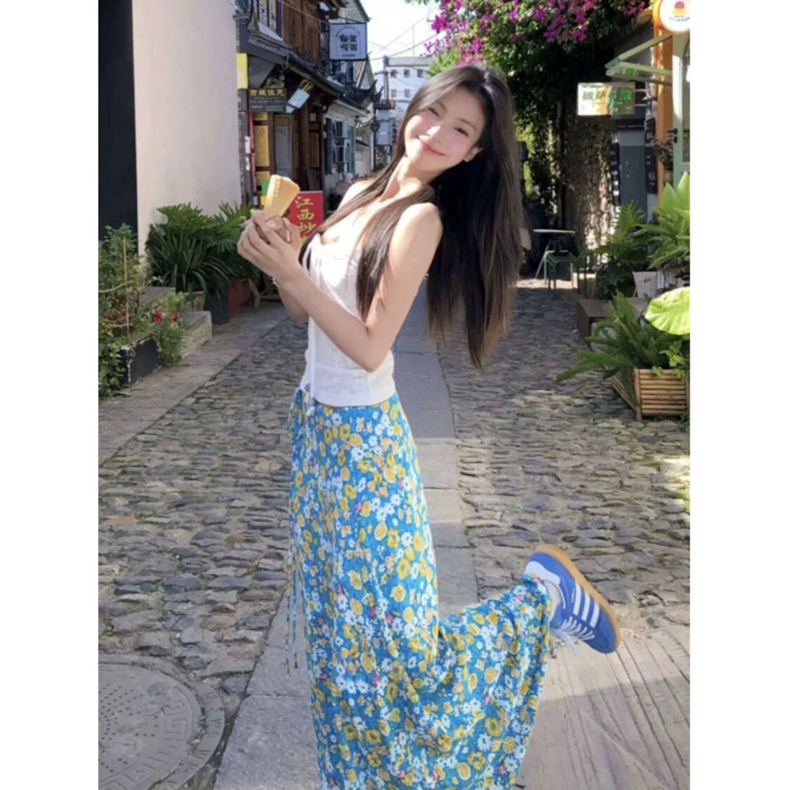 海边度假风甜辣A字裙女设计感韩系春夏新款显瘦高腰碎花半身长裙