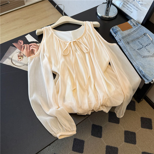 秋新款时尚露肩花苞宽松甜美衬衫法式温柔气质露肩雪纺长袖上衣