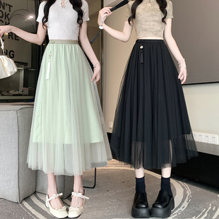 新中式国风网纱半身裙女2024夏季新款高腰显瘦a字大摆中长裙