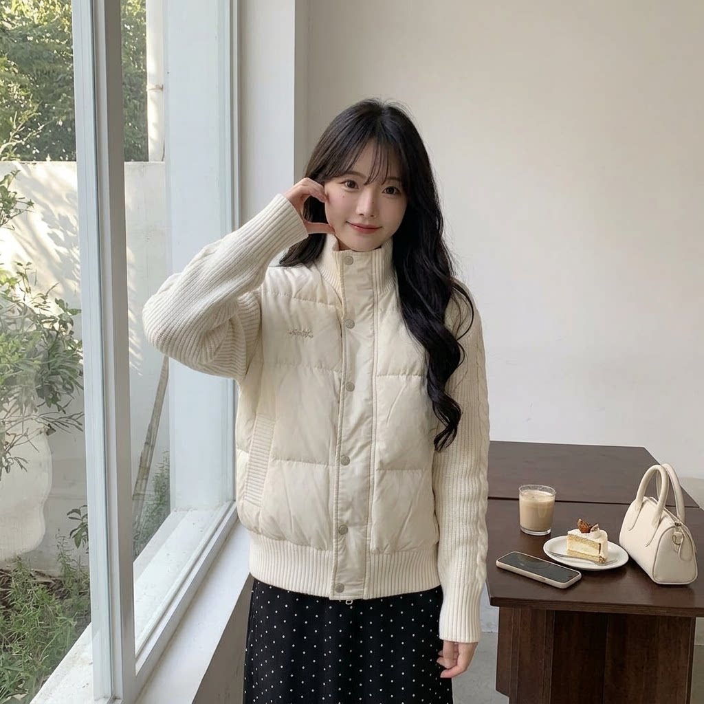 韩系轻薄针织袖修身保暖女棉服