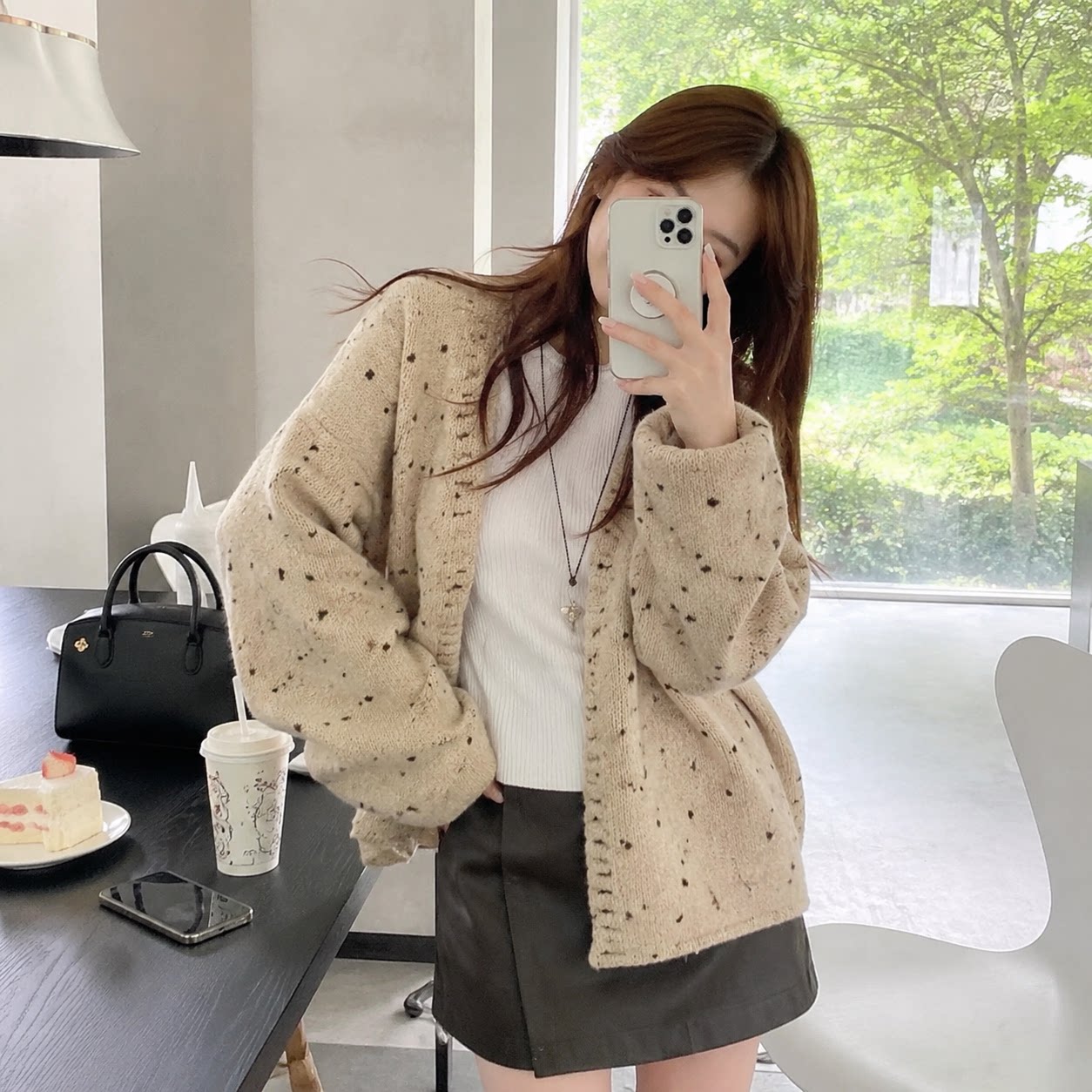 韩系V领点点针织开衫女加厚