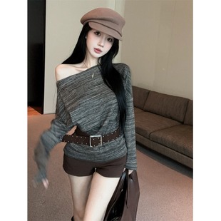 辣妹斜肩百搭长袖T恤女秋韩版小众配腰带宽松显瘦慵懒风气质上衣