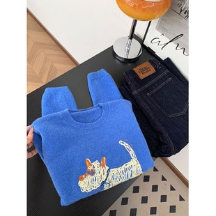 克莱因蓝刺绣圆领宽松套头毛衣女小个子加厚可外穿内搭秋冬打底衫