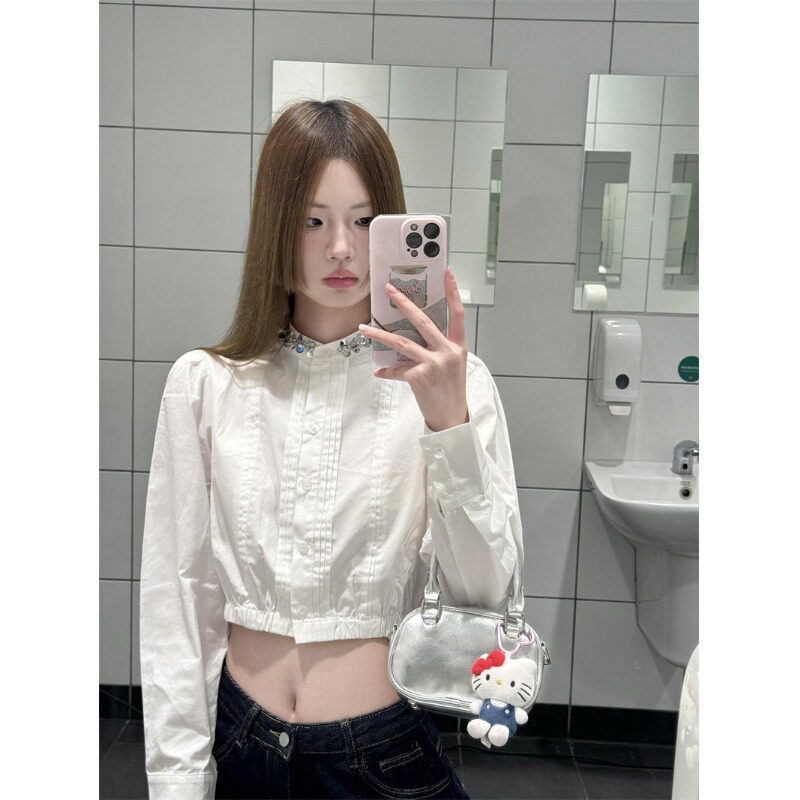设计感小众亮片宽松长袖衬衫女早秋新款别致chic短款露脐衬衣