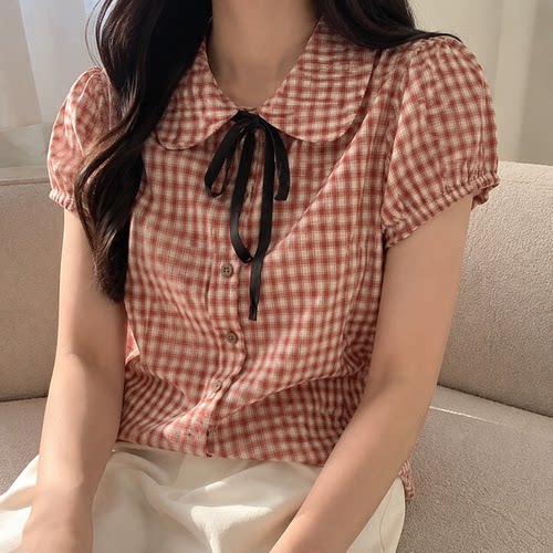 夏季复古红格娃娃领显瘦短袖衬衫