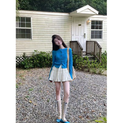 超显白蓝色麻花毛衣针织开衫