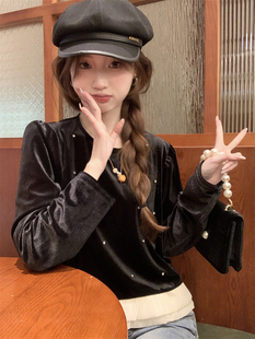 金丝绒长袖衬衫女秋季2023新款法式小众木耳边烫钻短款别致小衫