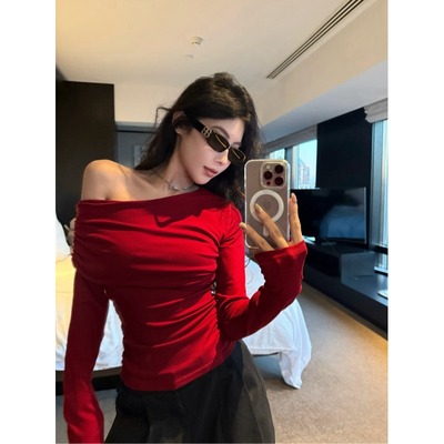 红色斜肩T恤女秋冬设计感小众