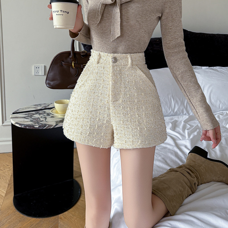 一粒扣高腰粗花呢A字休闲裤女年秋冬韩版小香风黑色阔腿短裤,女装/女士精品,休闲裤,淘宝优惠券,粉丝福利购,淘宝优惠卷