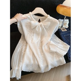法式气质甜美千金风珍珠蝴蝶结花朵显瘦短款长袖衬衫上衣女