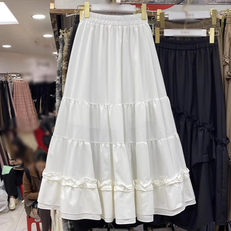 白色半裙A字裙中长款半身裙女蓬蓬裙可爱显瘦百褶伞裙蛋糕裙潮