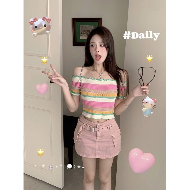 多巴胺女孩针织衫2025夏季新款纯欲风甜辣彩色条纹短款修身上衣