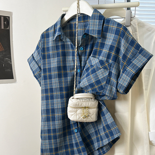 港风复古蓝色格子短袖衬衫女夏季新款宽松显瘦小个子衬衣慵懒上衣