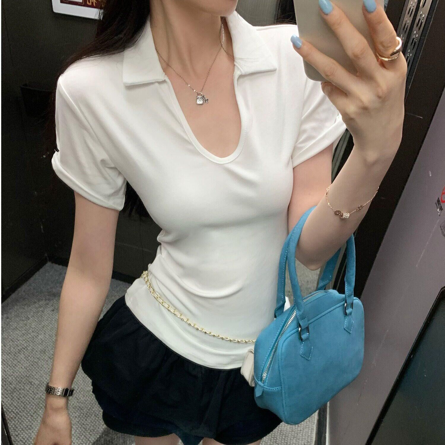 纯欲白色V领修身短袖T恤女