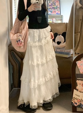 芭蕾风厚款丝绒蕾丝半身裙女2025秋冬季新款高腰显瘦蛋糕蓬蓬长裙