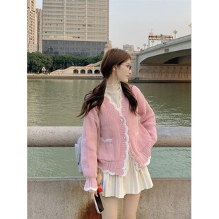 秋冬温柔风软糯毛衣外套女设计感小众2025新款粉色慵懒开衫针织厚