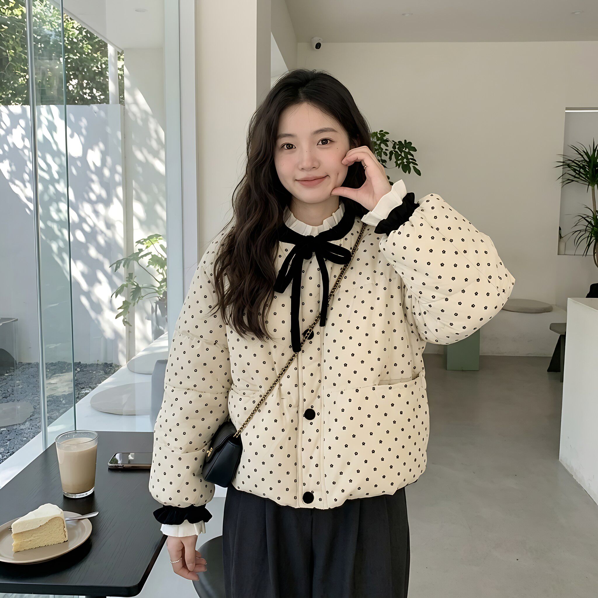 灯芯绒波点蝴蝶结保暖棉服小个子