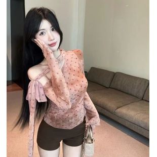 秋季薄感波点晕染渐变网纱斜肩系带长袖上衣一字领韩版显瘦打底衫