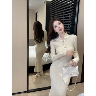 新中式改良旗袍裙女秋装国风复古盘扣长袖针织连衣裙内搭打底长裙