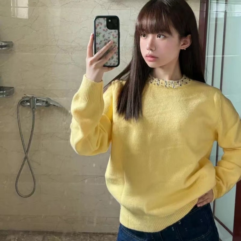 韩版小众黄色慵懒风圆领毛衣女