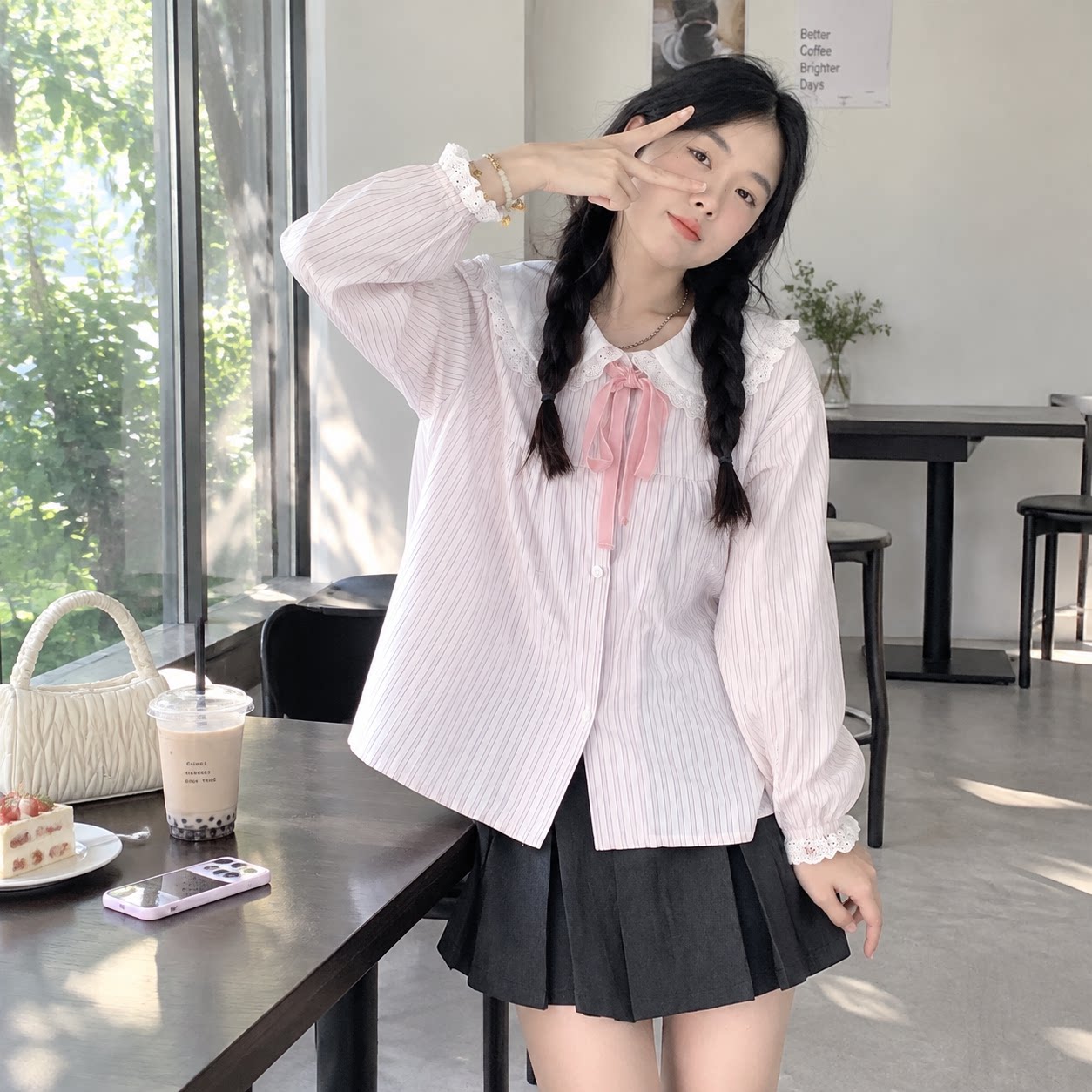 秋冬娃娃领条纹长袖小个子衬衫
