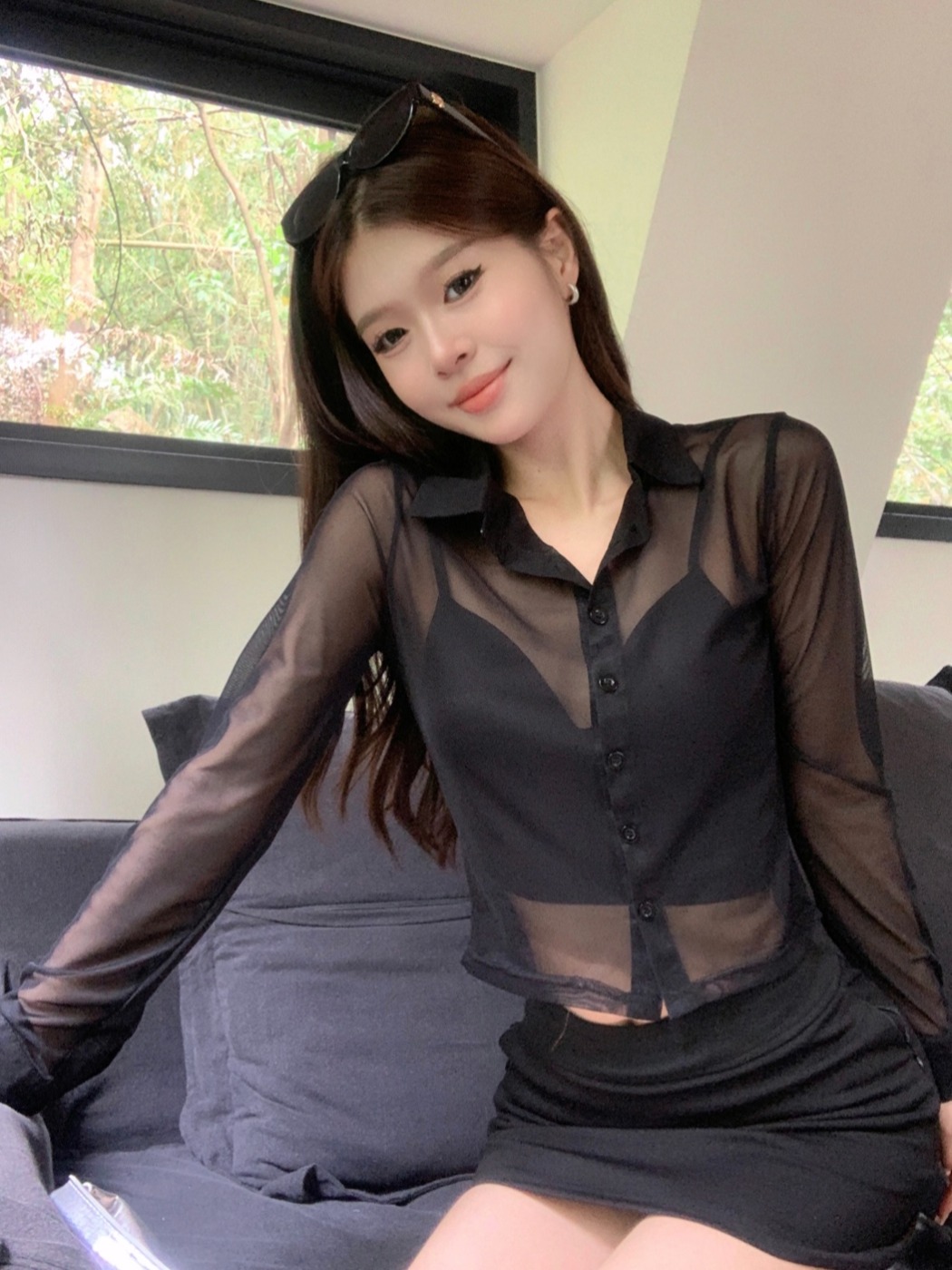 港味网纱透视长袖防晒衬衫外套女夏季性感辣妹吊带背心网红两件套