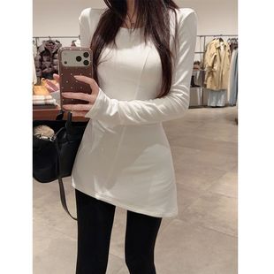 简约风白色圆领德绒长袖不规则T恤女秋冬修身显瘦百搭打底衫上衣