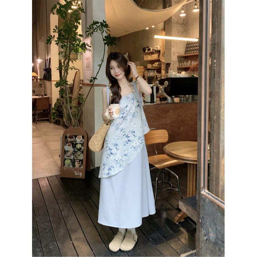 扎染碎花吊带连衣裙女夏季温柔风气质不规则假两件显瘦A字长裙子