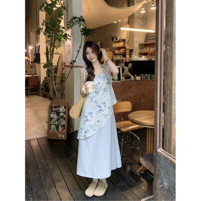 扎染碎花吊带连衣裙女夏季温柔风气质不规则假两件显瘦A字长裙子