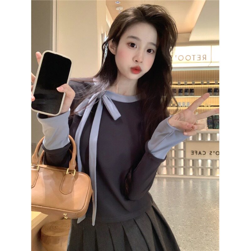 法式撞色蝴蝶结内搭打底衫