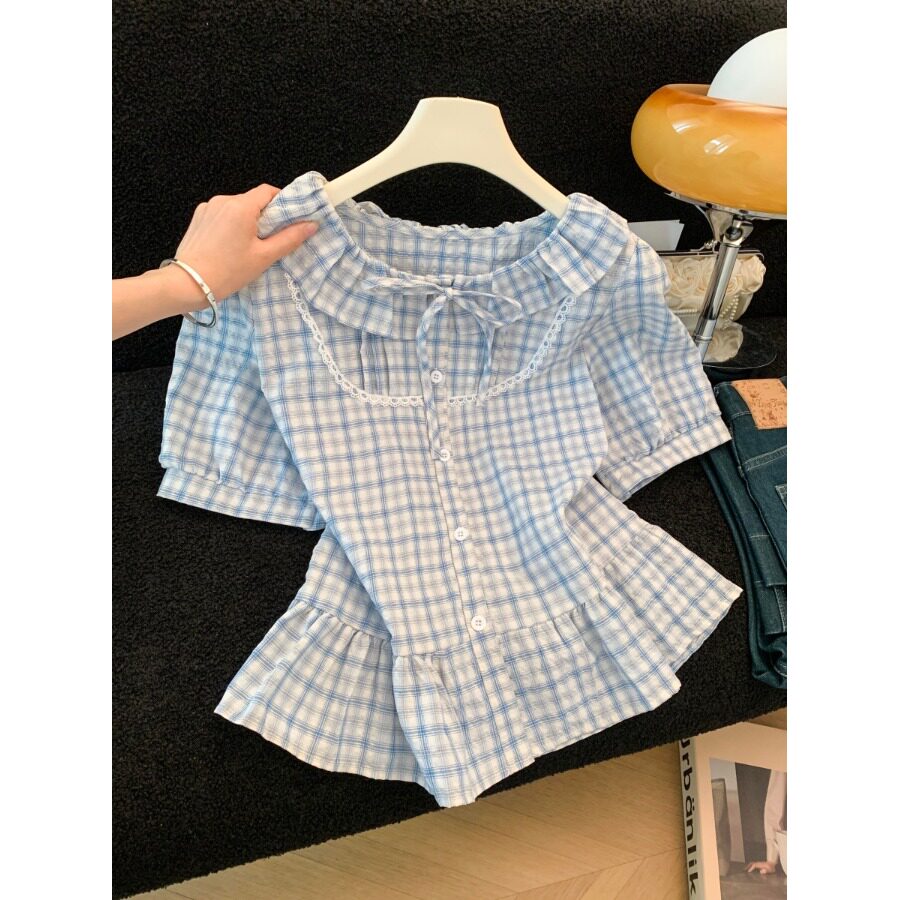 夏季娃娃领蕾丝格子短袖衬衫女
