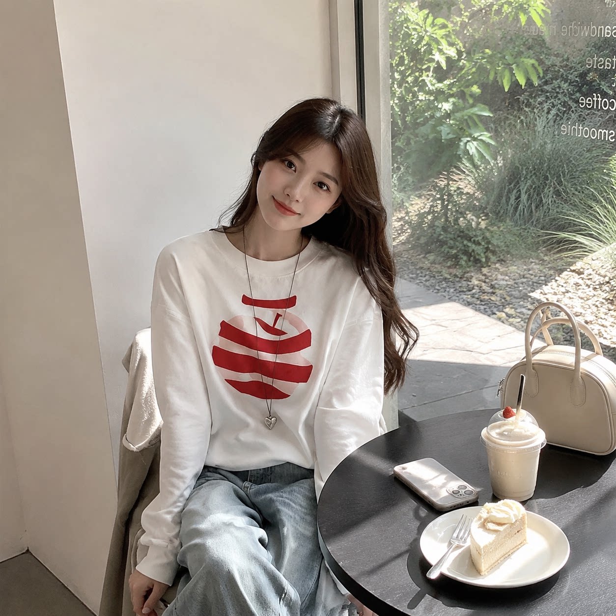 纯棉长袖圆领女T恤宽松打底