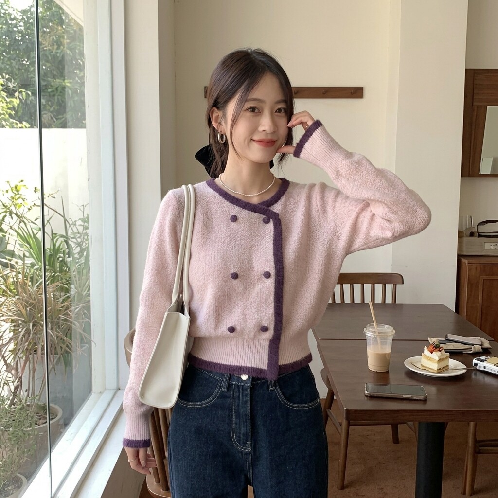 小香风马海毛双排扣短款针织衫