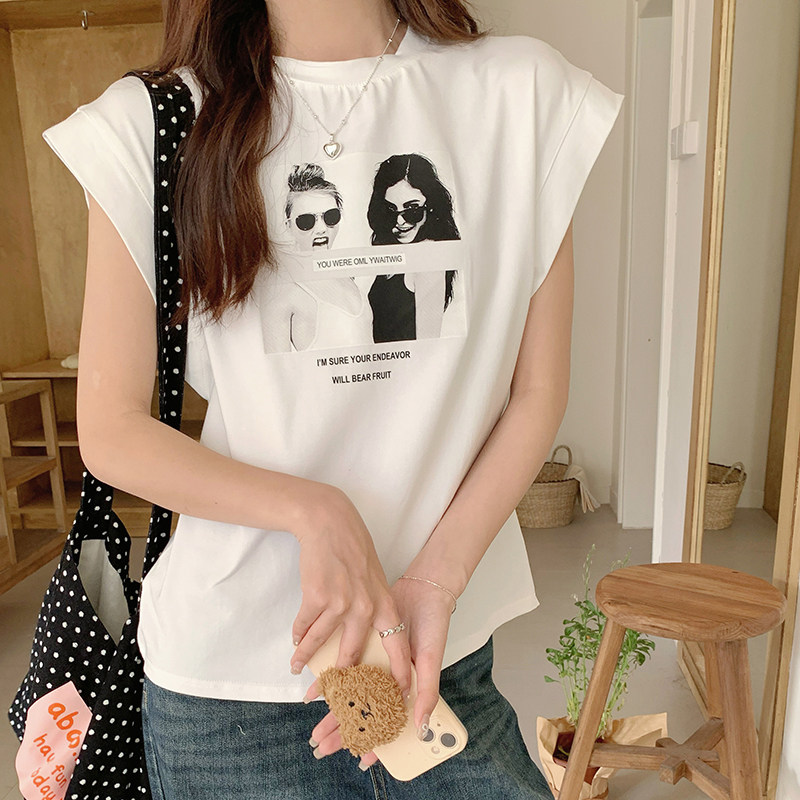 美式白色印花无袖宽松短袖T恤女