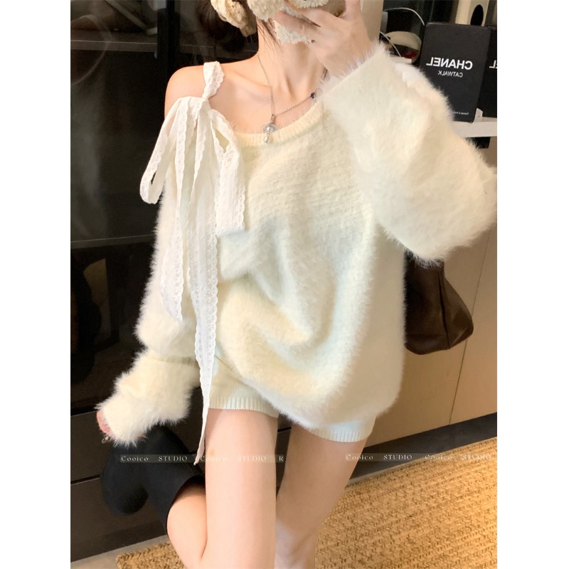 韩系穿搭粉色蝴蝶结露肩毛衣女