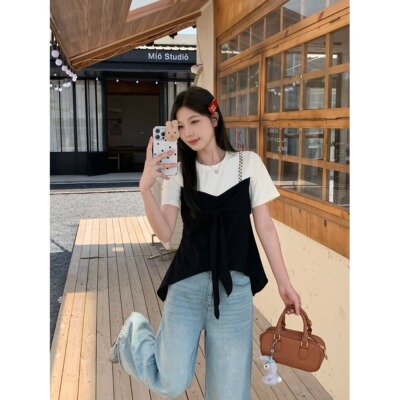 大码假两件微胖正肩t恤短袖女2025新款夏季胖mm遮肚显瘦休闲上衣