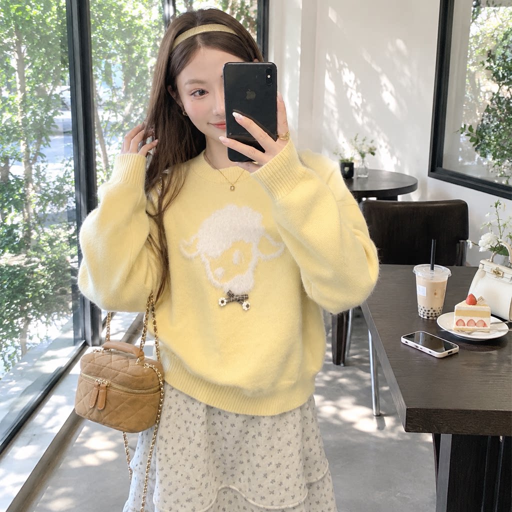 韩系小羊刺绣圆领毛衣女秋宽松