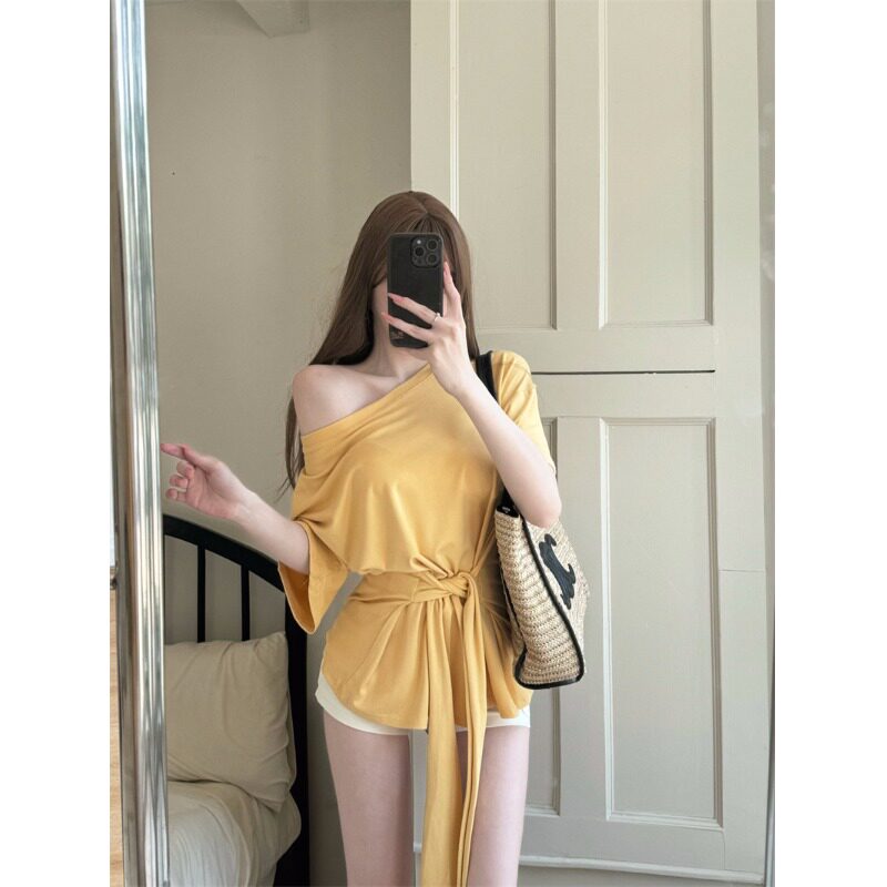不规则黄色斜肩短袖T恤女装夏季绑带修身设计感辣妹百搭防晒上衣