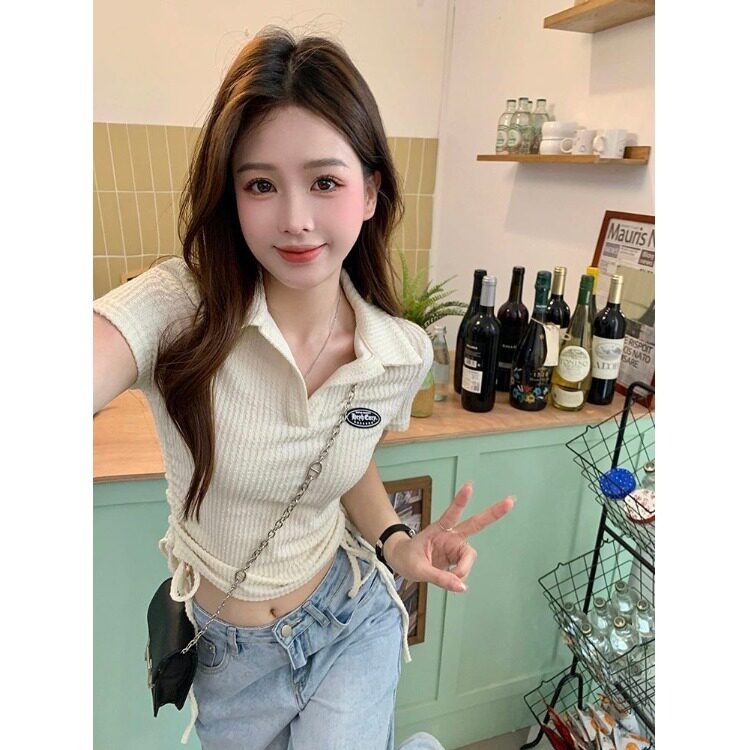 美式POLO领正肩短袖T恤女夏新款抽绳褶皱体恤肌理感绑带短款上衣
