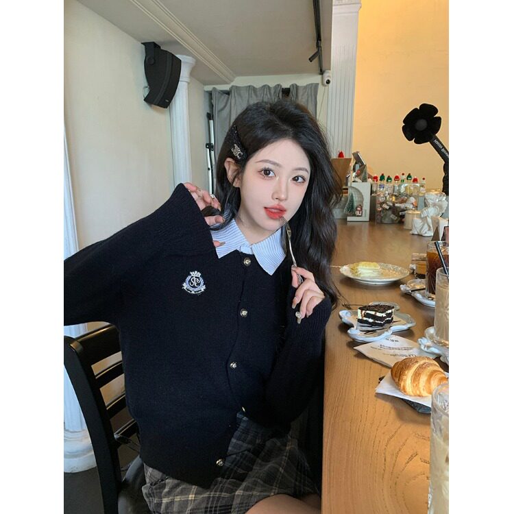 学院风拼接假两件针织衫女春秋