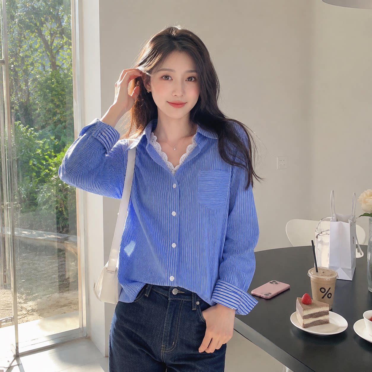 法式拼接蕾丝蓝条纹长袖女衬衫
