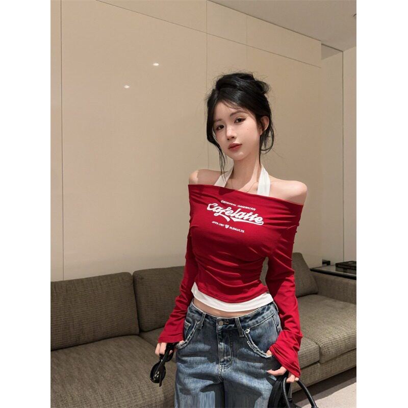 大码撞色一字领假两件长袖T恤女
