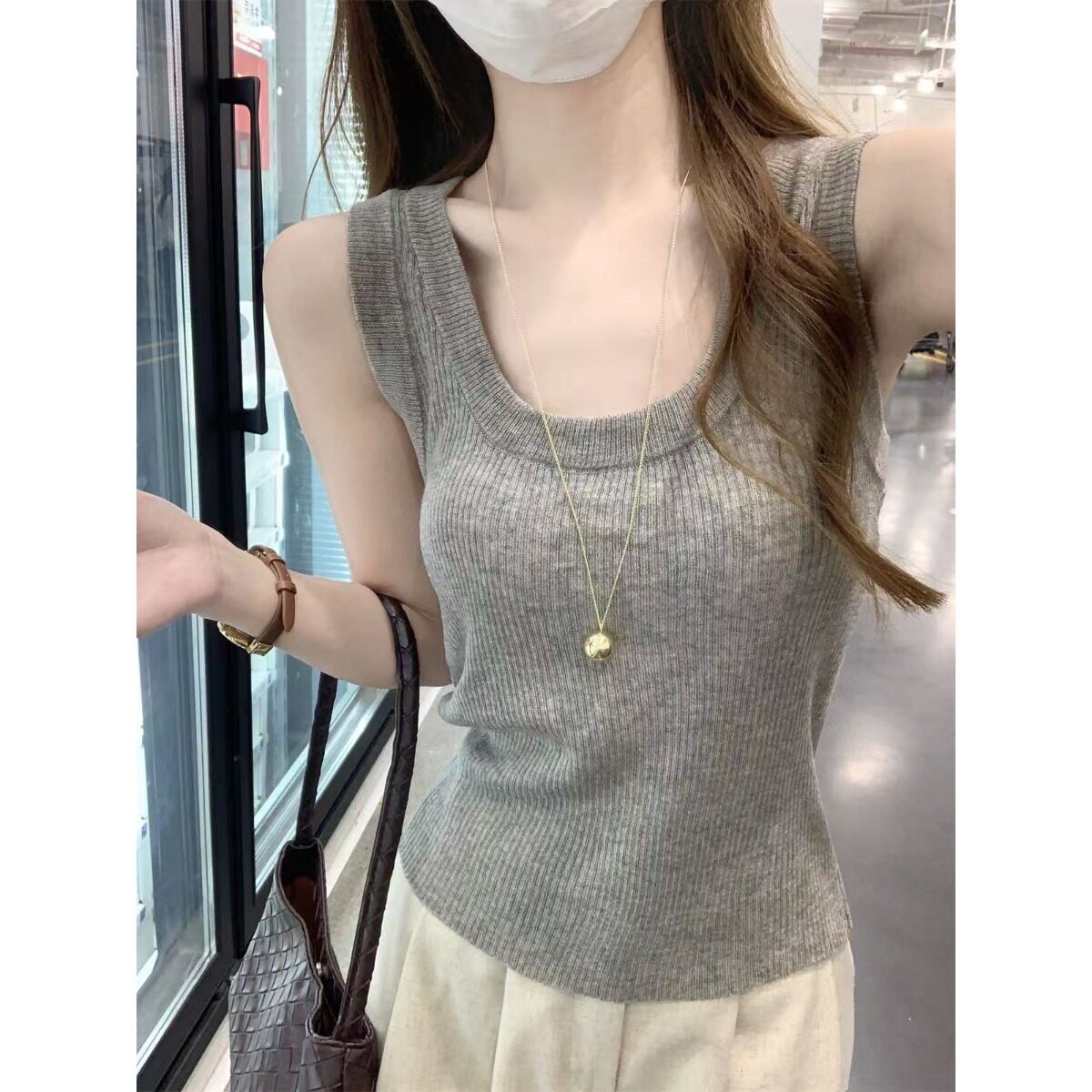 U领针织背心女春夏2026新款修身显瘦遮副乳外穿无袖内搭坎肩上衣