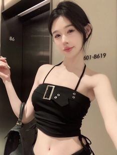 挂脖内搭外穿美背无袖吊带小背心女夏天露背性感辣妹黑色短款上衣