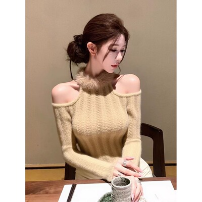 韩版法式露肩修身针织打底长袖