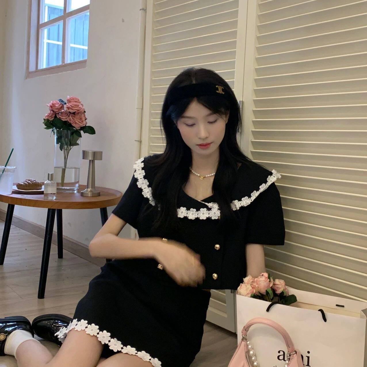 两件套装甜美辣妹夏季新款衬衫娃娃领短袖上衣女黑色A字半身裙子